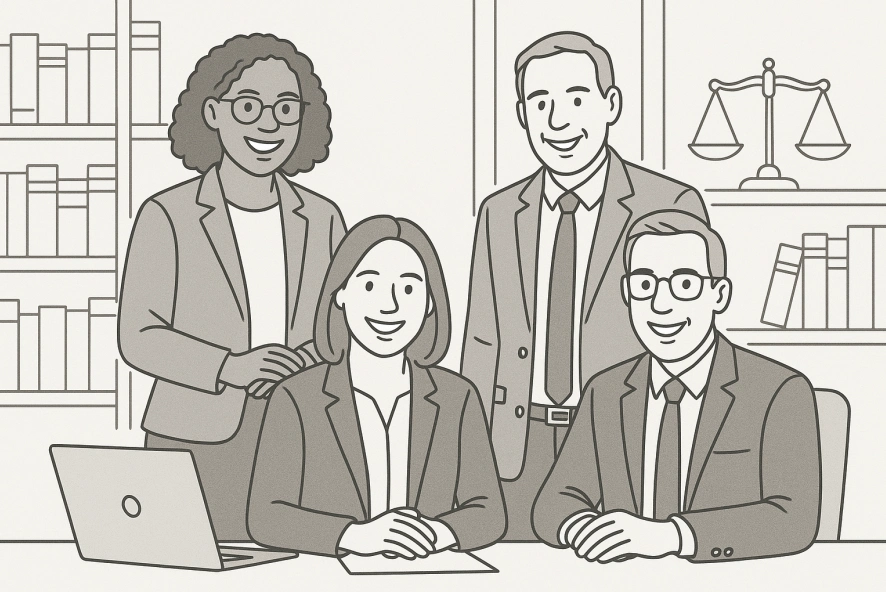 Illustration of a friendly local legal team in an office